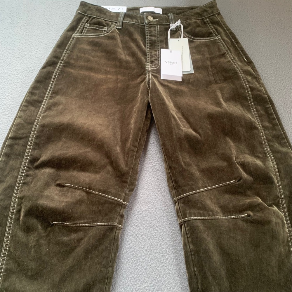 NWT Vervet Kate High Rise Flocked Barrel Leg Jeans Velvet Olive Brown Size 30 - Picture 6 of 16